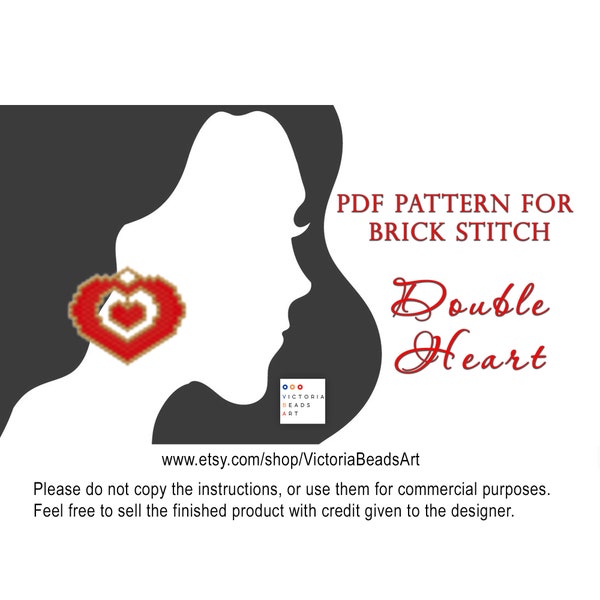 Heart brick stitch pattern, Valentine Day beaded earring/pendant pattern, Double heart pattern, PDF pattern