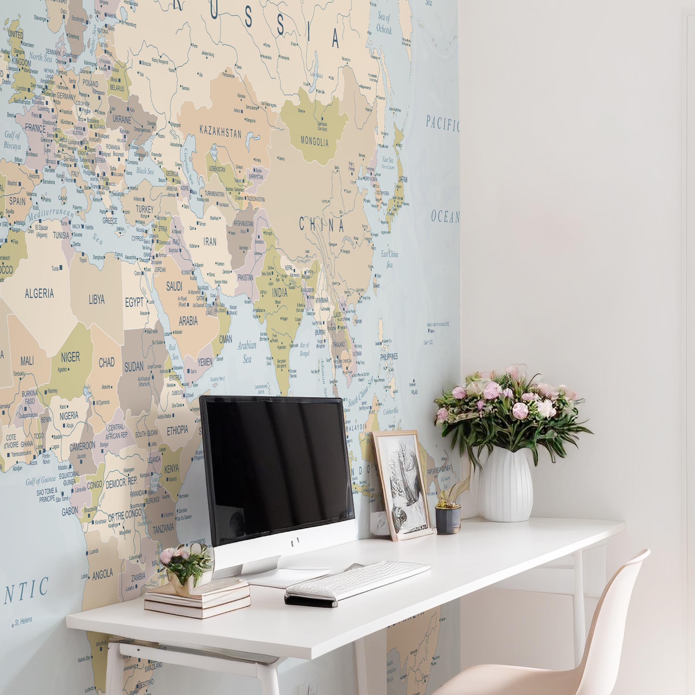 Blue World Map Removable Fabric Wallpaper Mural - Etsy Australia