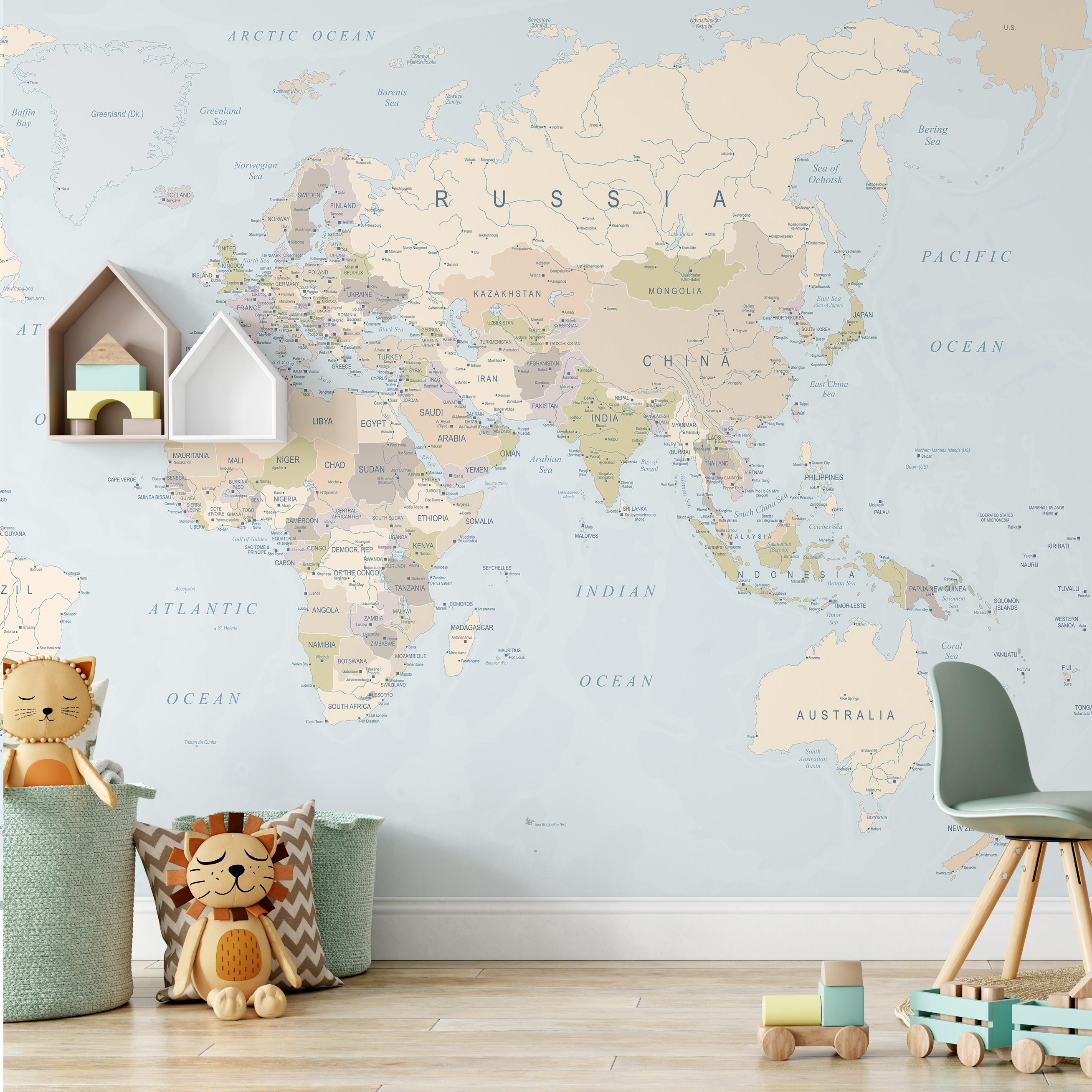 Blue World Map Removable Fabric Wallpaper Mural - Etsy Australia