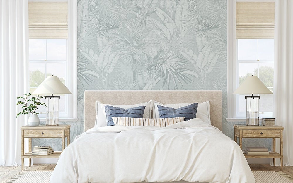 Luxe Palms Removable Wallpaper Duck Egg Blue Hamptons Coastal - Etsy