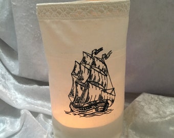 Lichtbeutel - Windlicht - Deko - Geschenk - Maritim - Segelschiff -  Stoff - bestickt,