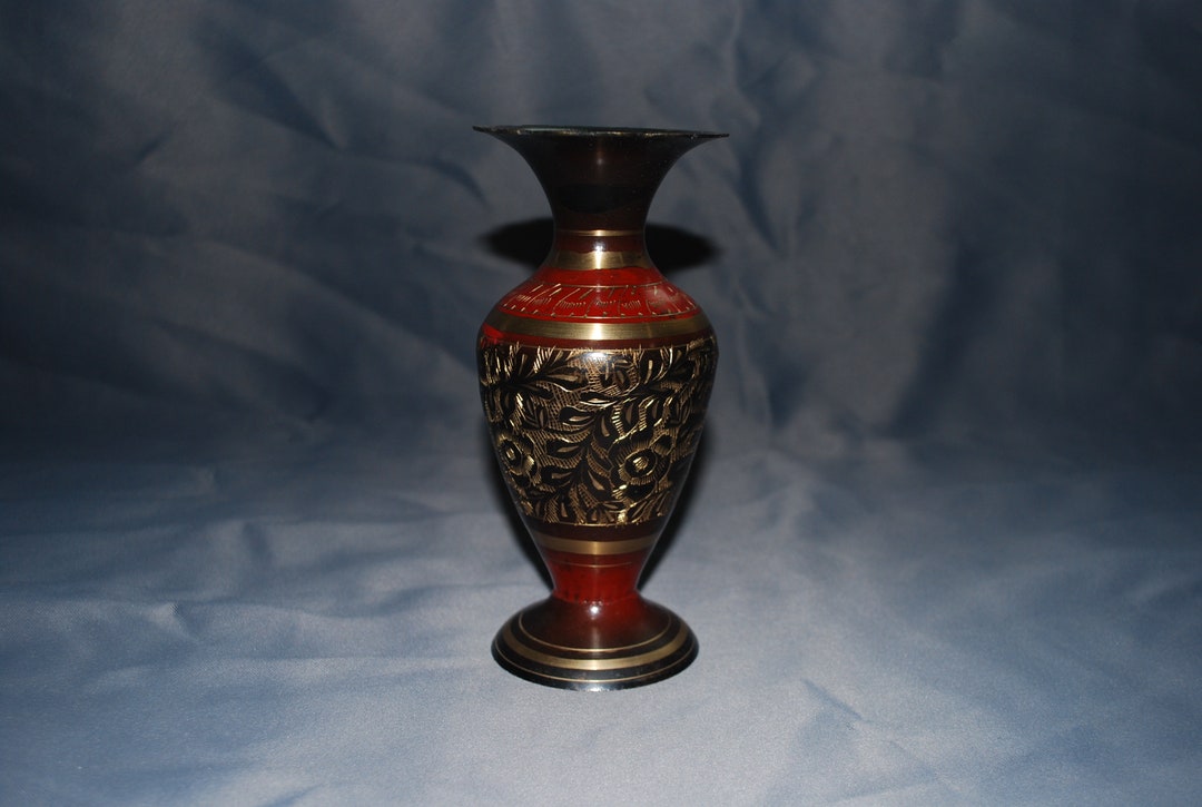 Vintage Metal Etched Vase Etsy