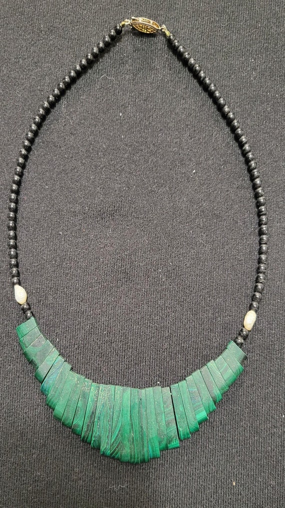 Vintage Malachite bib necklace with black beading.