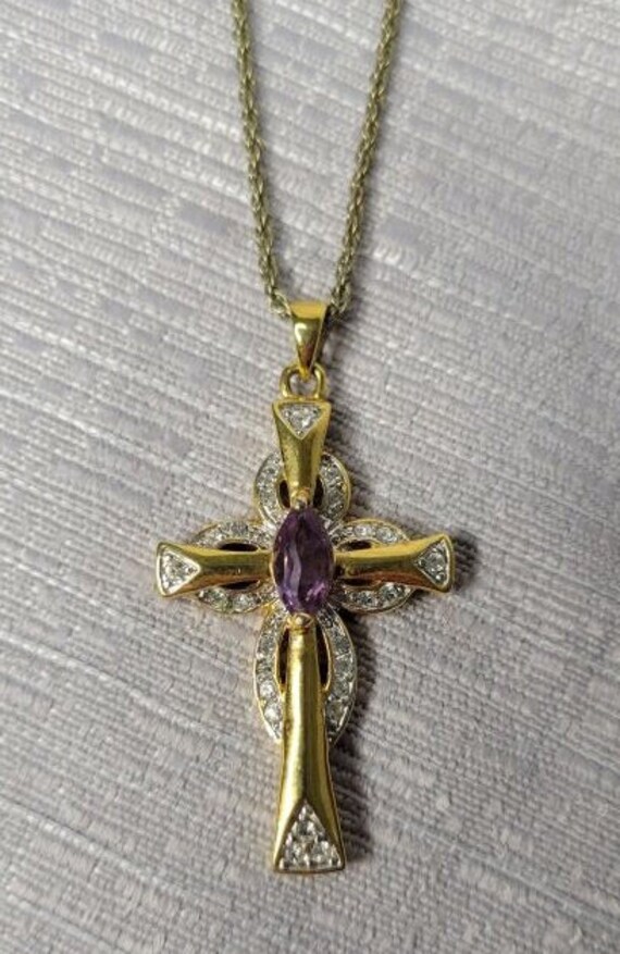 Vintage Gold toned Purple Rhinestone Cross Necklac