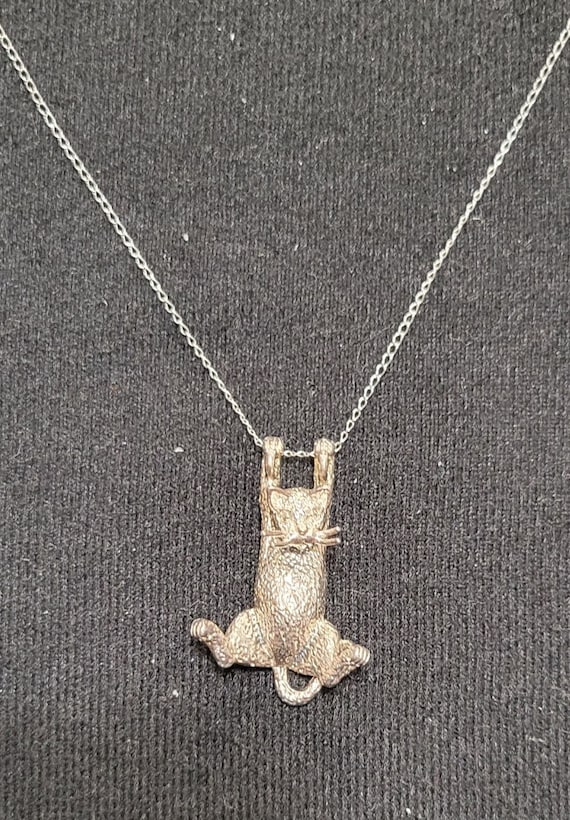 Vintage "Hang in There" sterling silver cat pendan