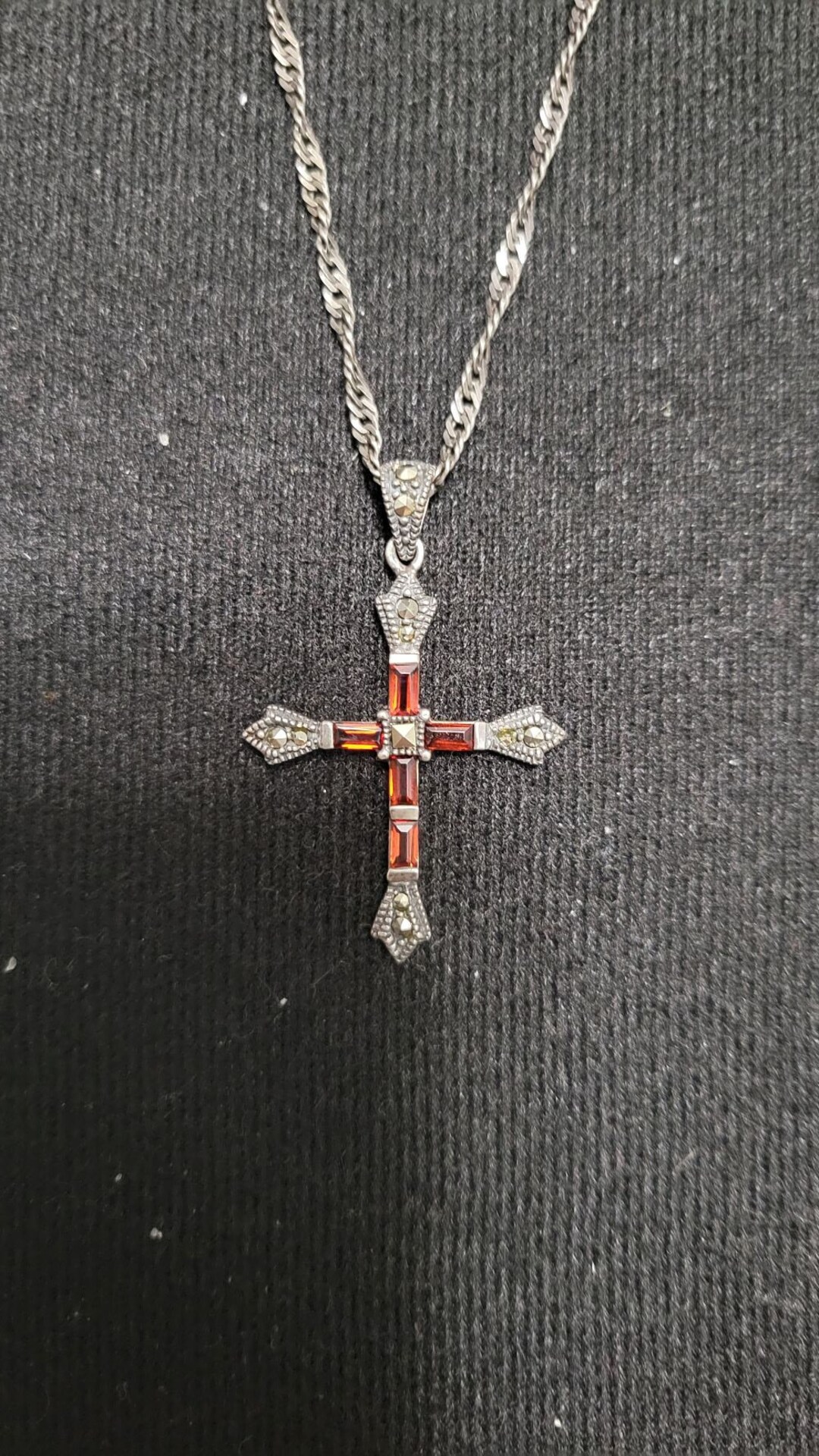 STERLING silver cross ring with garnet stone