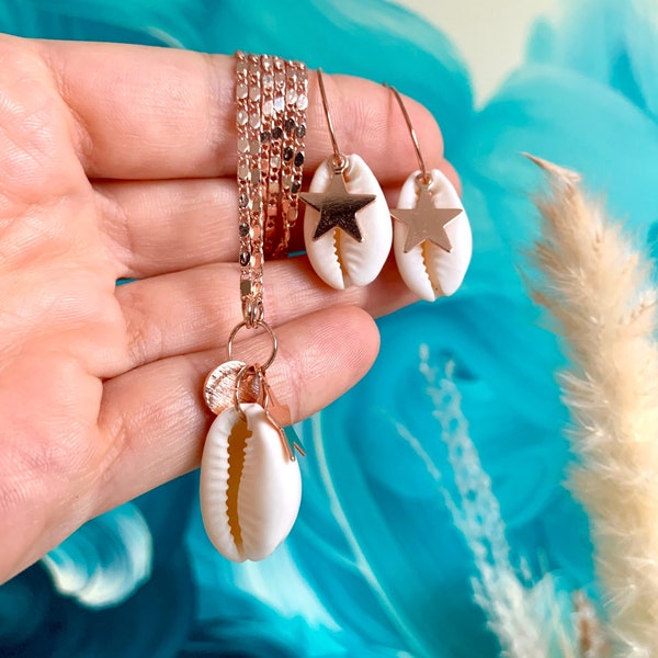 KAURI SHELL SET - Earrings and necklace with star in rose gold