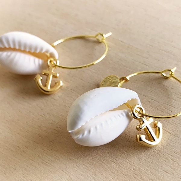 KAURI SHELL EARRINGS - with anchor in gold, rose gold or silver