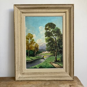 1960s Pretty French Landscape Painting, French River Painting, Mountain Painting, French Painting with bridge, French Art, unique French Art