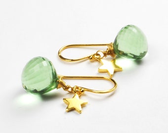 Earrings green amethyst & stars 925 silver gold plated earrings star favorite earrings gemstone bulbous round