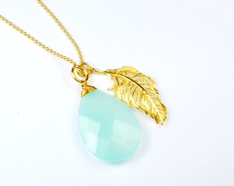 Pendentif XXL calcédoine 33 mm briolette aqua turquoise vermeil argent 925 plaqué or, EN OPTION avec chaîne boule plume trèfle coeur