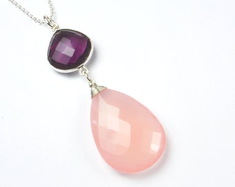 XL Anhänger rosa Chalzedon Briolette & lila Amethyst gefasst 925 Silber optional mit Kette