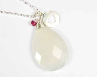 Pendant XXL chalcedony white briolette with gemstone rondelle, optionally also with ball chain