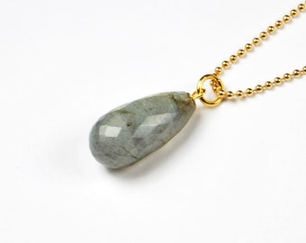 Pendant XL LABRADORITE DROP real silver gold-plated, optionally with chain, gray gemstone SilverLuck chain pendant