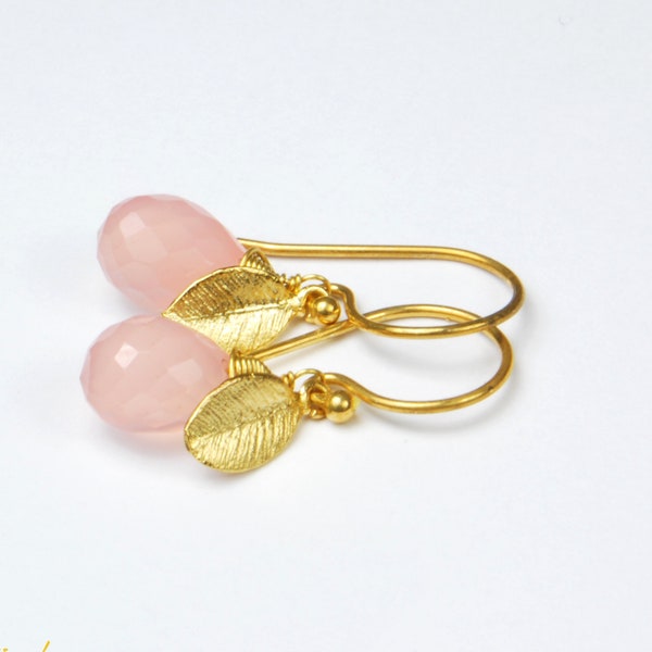 delicate earrings CHALZEDON PINK briolettes earrings 925 silver gold plated leaf bridal wedding