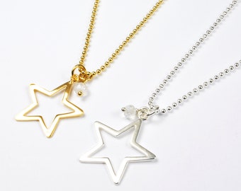Pendant STAR & MOONSTONE, real silver, optionally gold-plated and or with ball chain