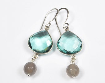 Earrings AQUA QUARTZ real 925 silver drop shape turquoise green + gray agate ball earrings earrings