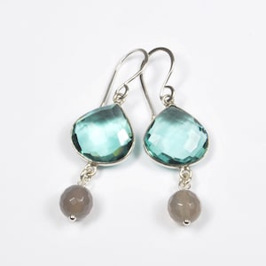 Earrings AQUA QUARTZ real 925 silver drop shape turquoise green gray agate ball earrings earrings image 1