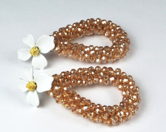 Summer LOOPS drop earrings copper brown blossom white gold Bohemian glass beads stud earrings