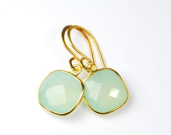 Earrings MINT CHALZEDON SQUARE 925 silver gold-plated with flat ear hooks Favorite earrings mint green green vermeil