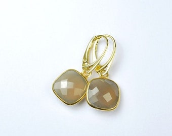 Earrings GRAY CHALCEDON SQUARE 925 silver gold plated gemstones set vermeil grey chalcedony