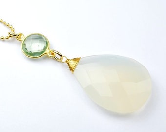 XXL chalcedony 33 mm briolette white 925 silver gold-plated with prasiolite vermeil, optional with ball chain