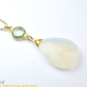 XXL Chalcedony 33 mm briolette white 925 silver gold plated with prasiolite set vermeil, optionally with ball chain