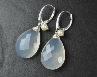 Earrings XL Chalcedony White bridal earrings faceted with freshwater pearl hinged leverbacks real 925 silver