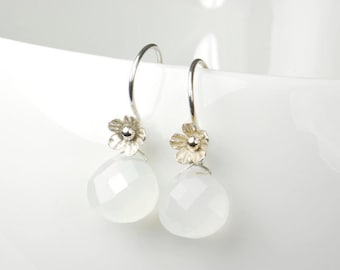 Earrings WHITE CHALCEDY blossom flower 925 silver BRIDAL earrings
