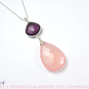 XL Anhänger rosa Chalzedon Briolette & lila Amethyst gefasst 925 Silber optional mit Kette Bild 2