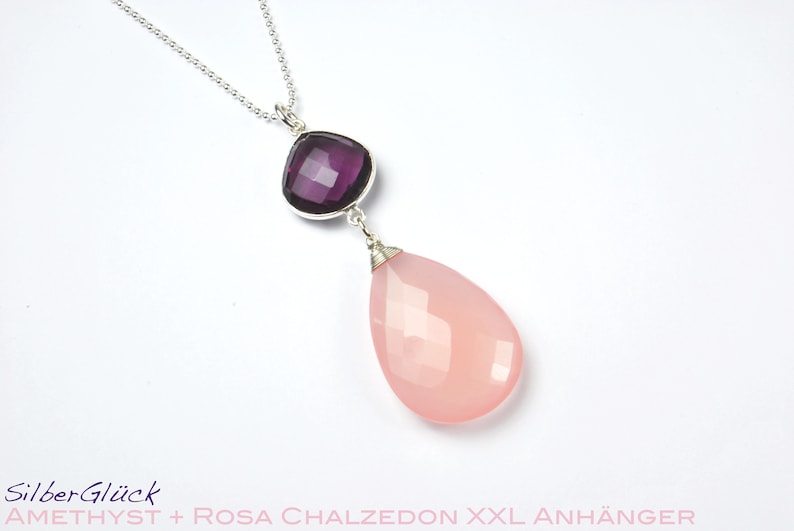 XL Anhänger rosa Chalzedon Briolette & lila Amethyst gefasst 925 Silber optional mit Kette Bild 2