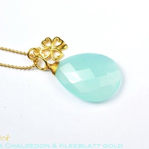 Pendentif XXL calcédoine 33 mm briolette aqua turquoise vermeil argent 925 plaqué or, EN OPTION avec chaîne boule plume trèfle coeur image 2