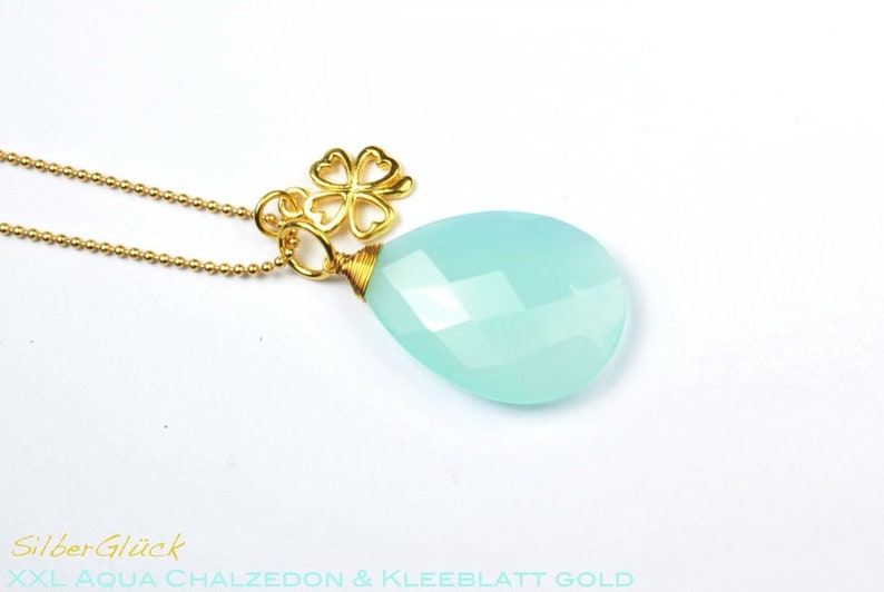 Pendentif XXL calcédoine 33 mm briolette aqua turquoise vermeil argent 925 plaqué or, EN OPTION avec chaîne boule plume trèfle coeur image 2