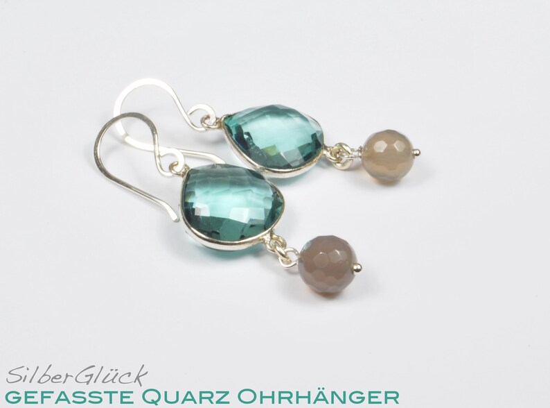 Earrings AQUA QUARTZ real 925 silver drop shape turquoise green gray agate ball earrings earrings image 3