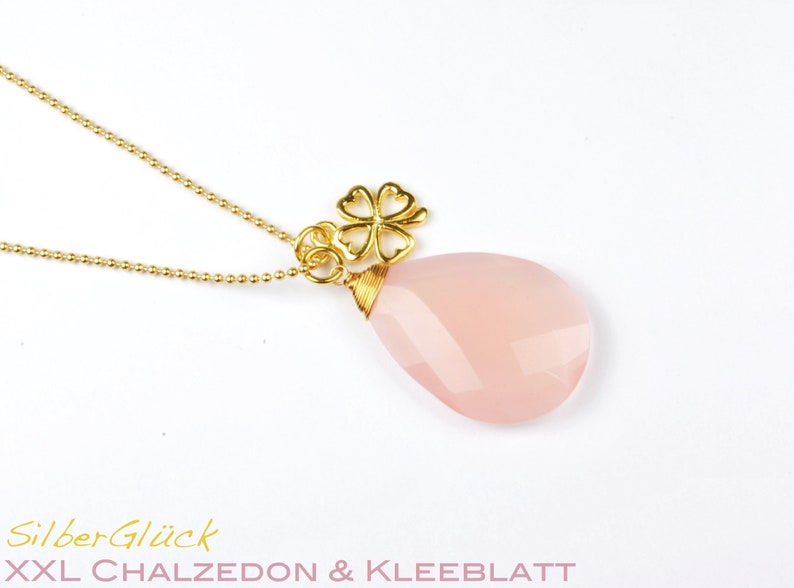 Anhänger XXL Chalzedon 33mm Briolette rosa Vermeil 925 Silber vergoldet, OPTIONAL mitl Kugelkette Kleeblatt Herz Feder Bild 1