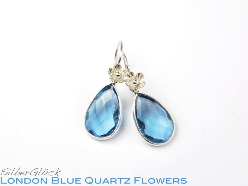 Earrings LONDON BLUE QUARTZ set real 925 silver earrings flower image 1