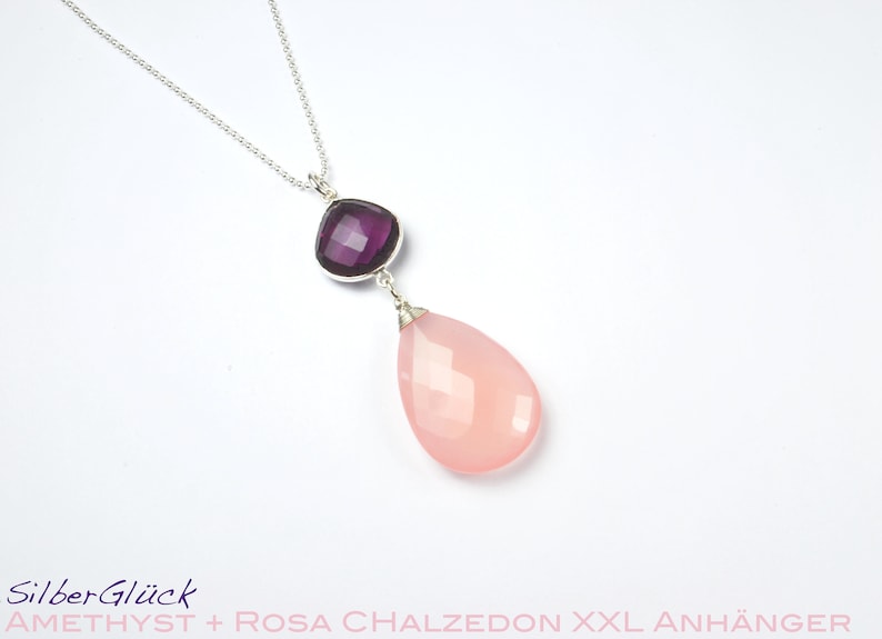 XL Anhänger rosa Chalzedon Briolette & lila Amethyst gefasst 925 Silber optional mit Kette Bild 1