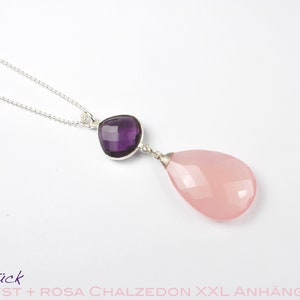 XL Anhänger rosa Chalzedon Briolette & lila Amethyst gefasst 925 Silber optional mit Kette Bild 3