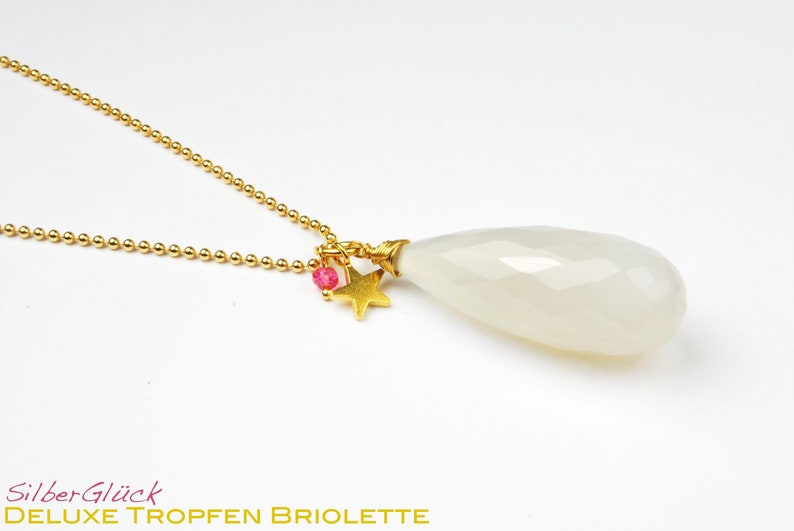 DELUXE Anhänger XXL Tropfen facettiert Chalzedon opal weiss 925 Silber vergoldet Stern Sternchen pink Rondell Brautschmuck Bild 3