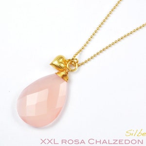 Anhänger XXL Chalzedon 33mm Briolette rosa Vermeil 925 Silber vergoldet, OPTIONAL mitl Kugelkette Kleeblatt Herz Feder Bild 3