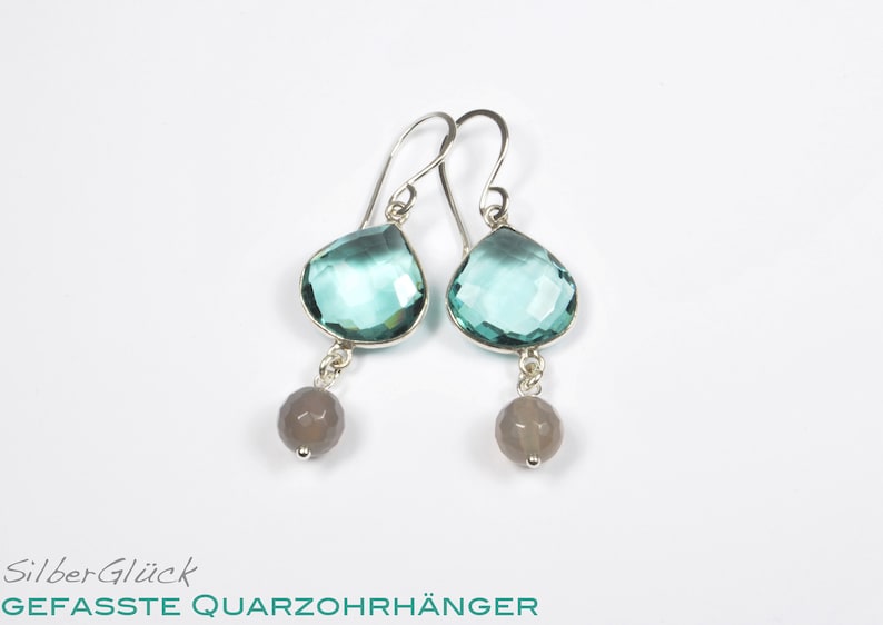 Earrings AQUA QUARTZ real 925 silver drop shape turquoise green gray agate ball earrings earrings image 1