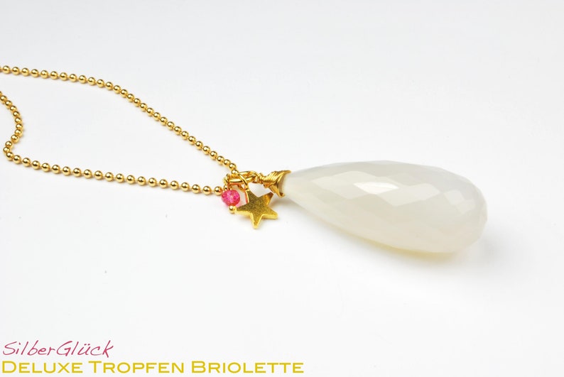 DELUXE Anhänger XXL Tropfen facettiert Chalzedon opal weiss 925 Silber vergoldet Stern Sternchen pink Rondell Brautschmuck Bild 1