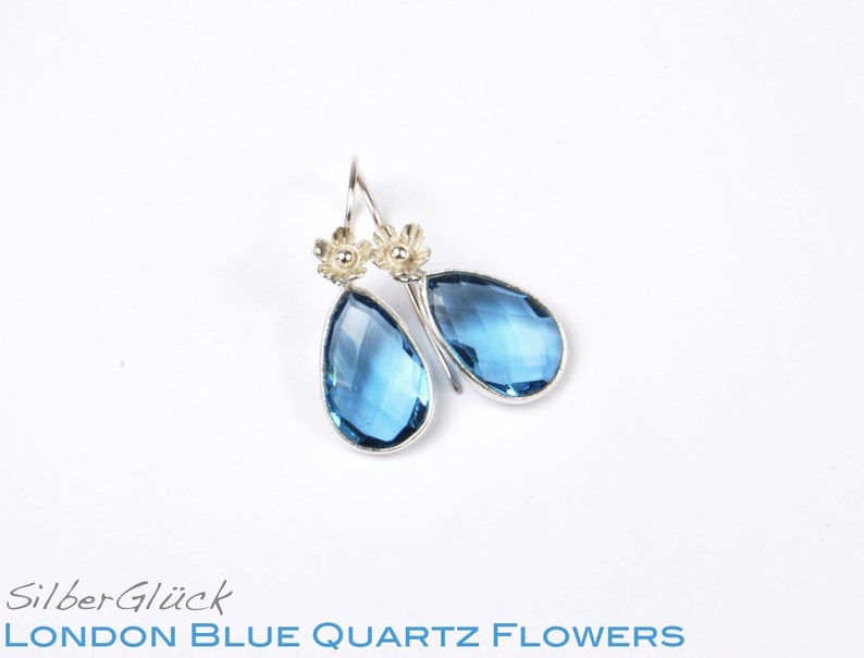 Earrings LONDON BLUE QUARTZ set real 925 silver earrings flower image 2