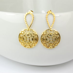 Earrings MANDALA LILY lilies 925 silver gold plated ornament round concave earrings ear studs vermeil