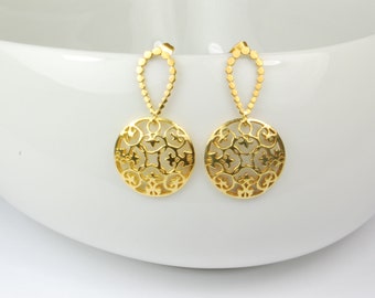 Earrings MANDALA LILY lilies 925 silver gold plated ornament round concave earrings ear studs vermeil