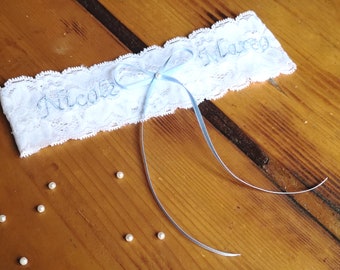 Strumpfband mit Initialen Satin -Schleife, Strumpfband Hochzeit, Strumpfband Braut hellblaue Schleife, Geschenk Braut Strumpfband blau JGA