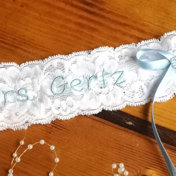 Zartes Spitzen Strumpfband personalisiert GeschenkBraut, Strumpfband Hochzeit Vintage, Strumpfband blau Brautgeschenk Brautparty