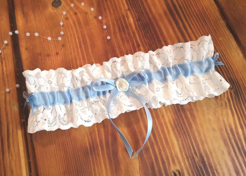 Braut Strumpfband aus Spitze, Strumpfband mit blauen Schleifen für die Hochzeit Boho, Brautgeschenk JGA Hochzeit Bild 8