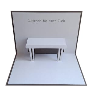Pop up Karte  -  Gutschein für einen Tisch, Esstisch, Couchtisch, Glastisch, Balkontisch, Gartentisch, Terrassentisch, Camping-Tisch