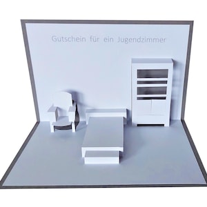 Pop up Karte  -  Gutschein für ein Jugendzimmer, für ein neues Zimmer